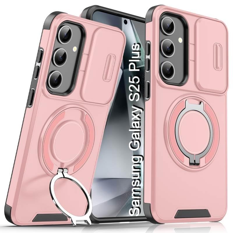 Image of LuxuryKase Shockproof Rugged Case for Samsung Galaxy S25 Plus | Slide Camera Cover | 360 Rotating Ring Kickstand | Military-Grade Protection - Rose Pink