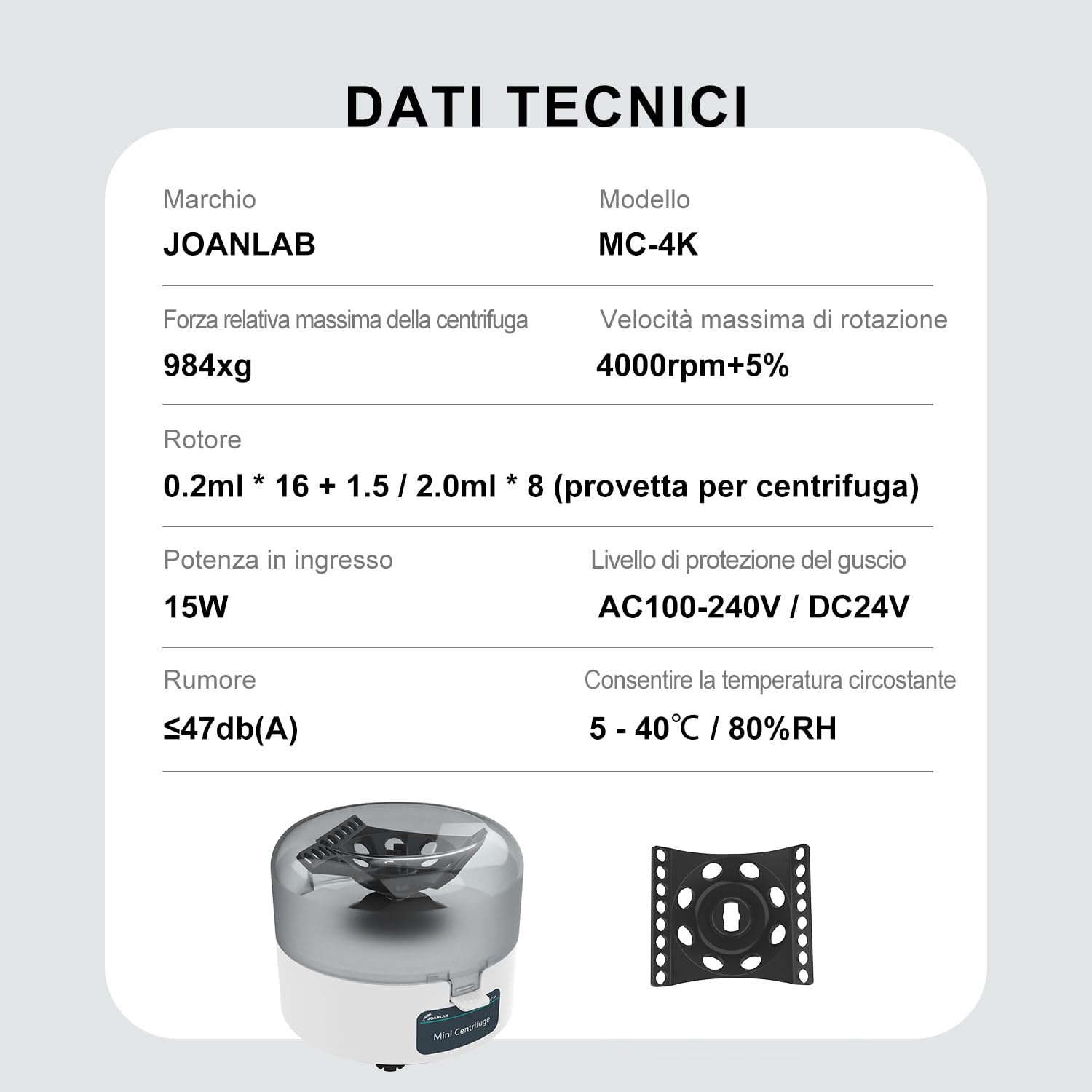 JOANLAB Mini Centrifuga 4000 RPM 980 xg RCF, Microcentrifuga da Banco con Rotore 2-in-1 per Provette da 0,2/1,5/2ml
