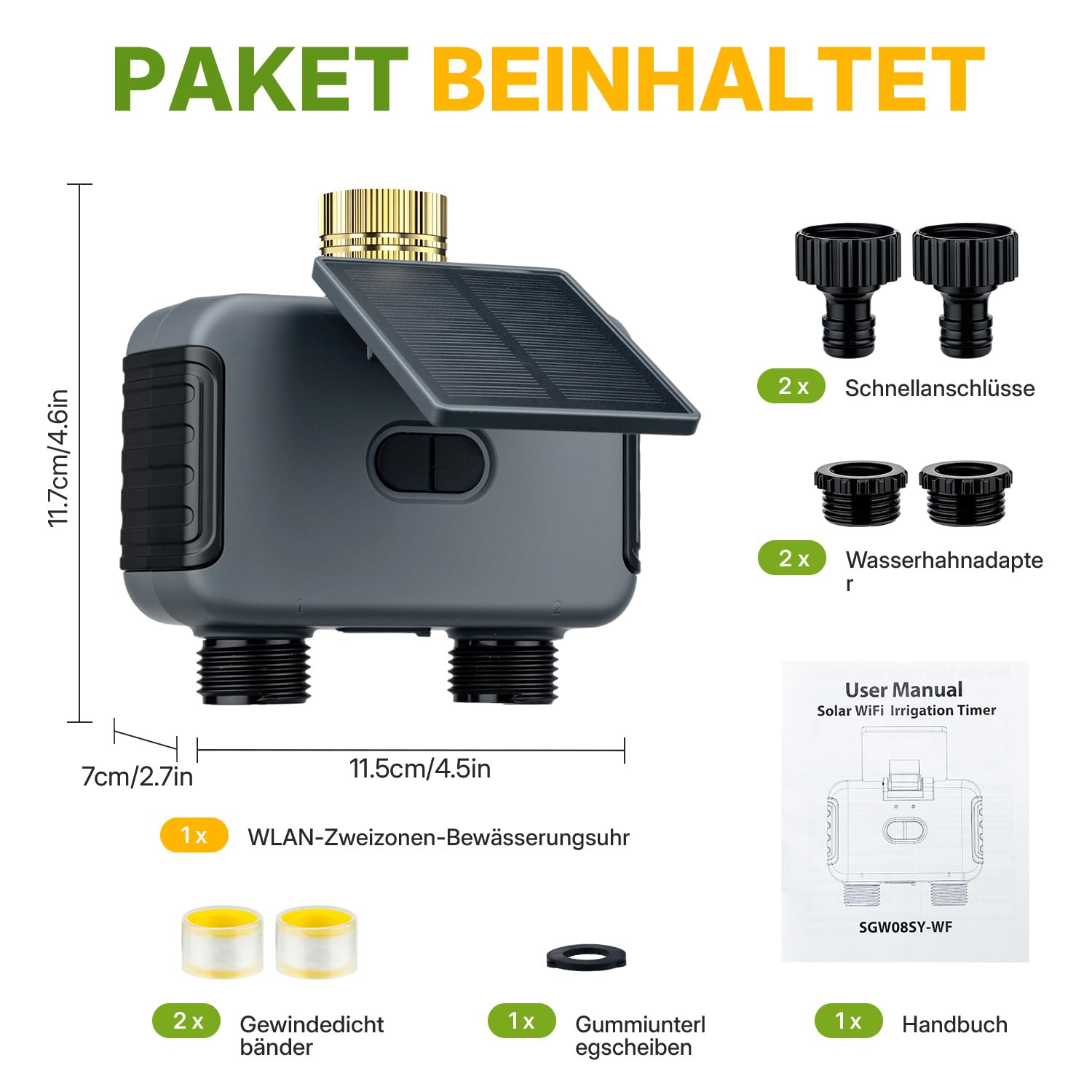 Mcbazel Solares Bewässerungscomputer mit 2 Ausgängen, WLAN-Bewässerungsuhr mit Solar & USB-C-Aufladung, App- & Sprachsteuerung, Regenverzögerung, Automatische/Manuelle Bewässerung, IP55 Wasserdicht
