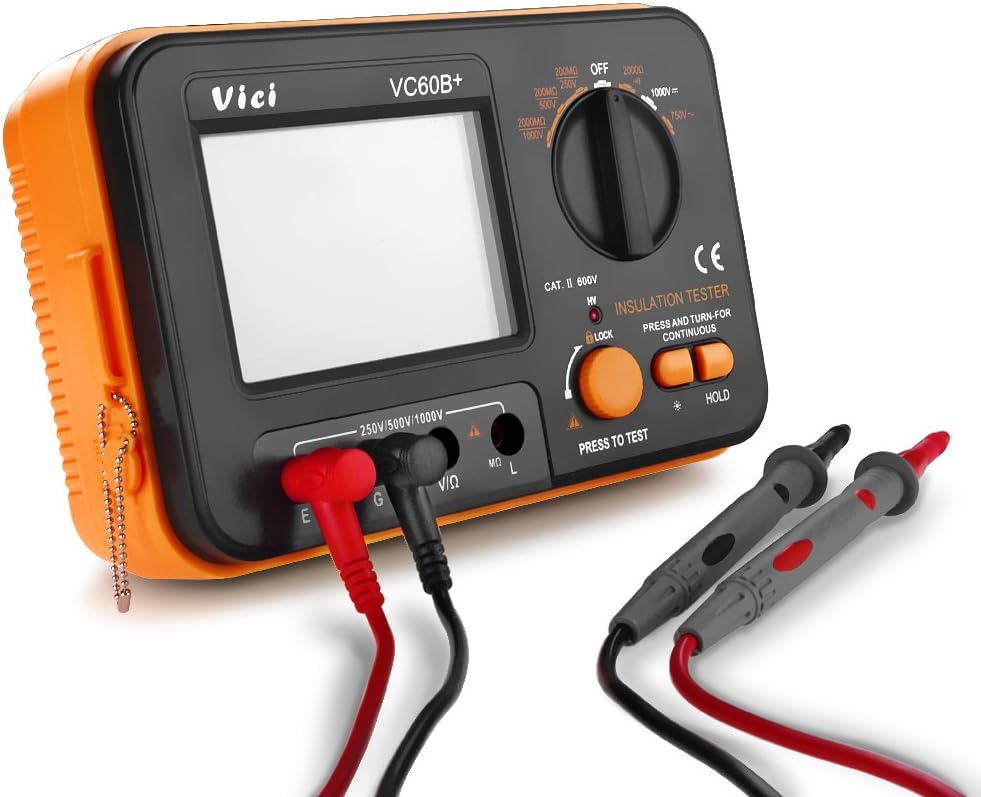 Flexzion Digital Insulation Resistance MegOhmmeter VICHY VC60B+ Tester MegOhmmeter Voltmeter Meter DC 250V 500V 1000V with LCD Display 2 Clip Cables Shoulder Strap Battery Powered