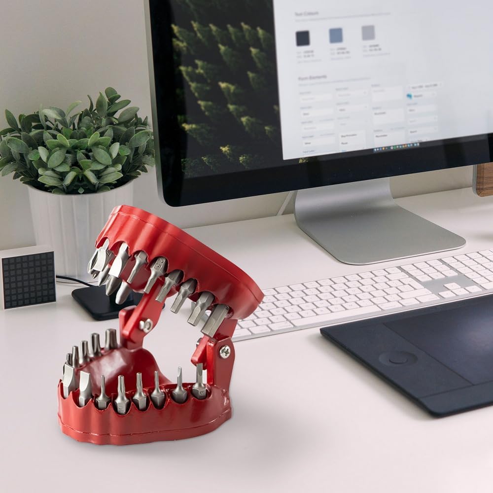 Denture Drill Bit Holder, Dentist Gag gift, 3D Sculptured Tabletop decoration, 1/4 "hex screwdriver, 2-in-1 screwdriver and tabletop gadget, magnetic gum with 28PCS Bits
