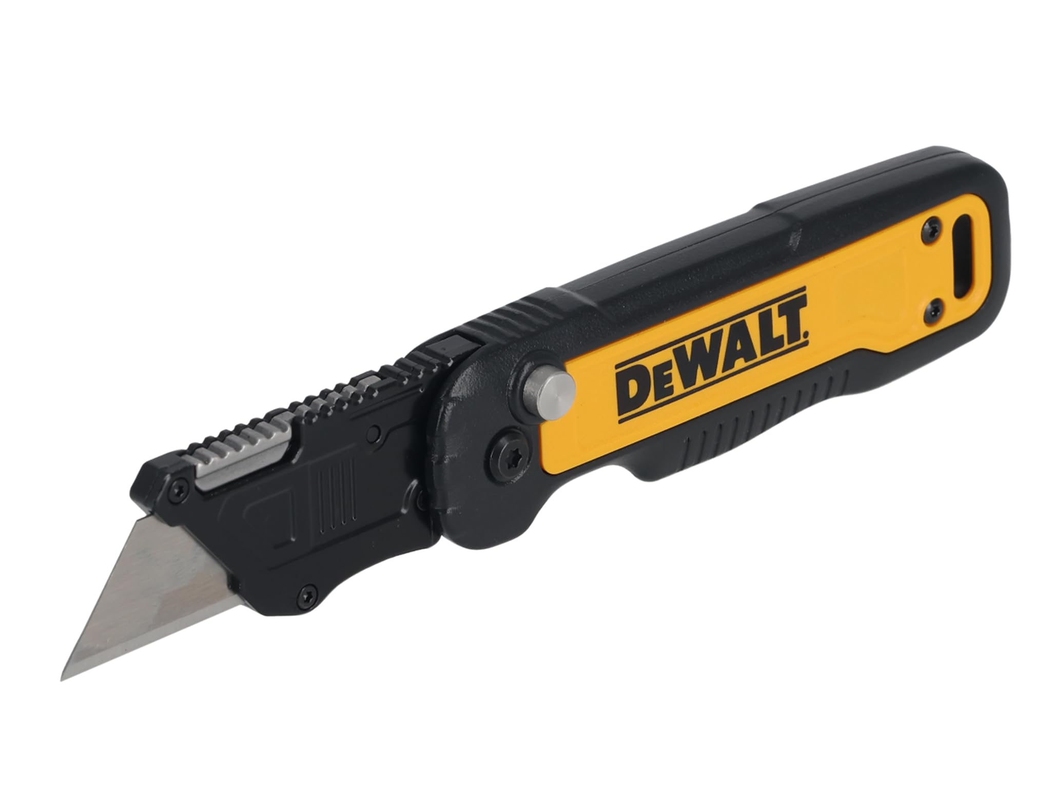 Cuchillo utilitario plegable DeWALT con empuje y volteo diseñado con un mango de metal para durabilidad, clip de bolsillo de alto rendimiento y orificio de sujeción integrado. Ideal para trabajar en