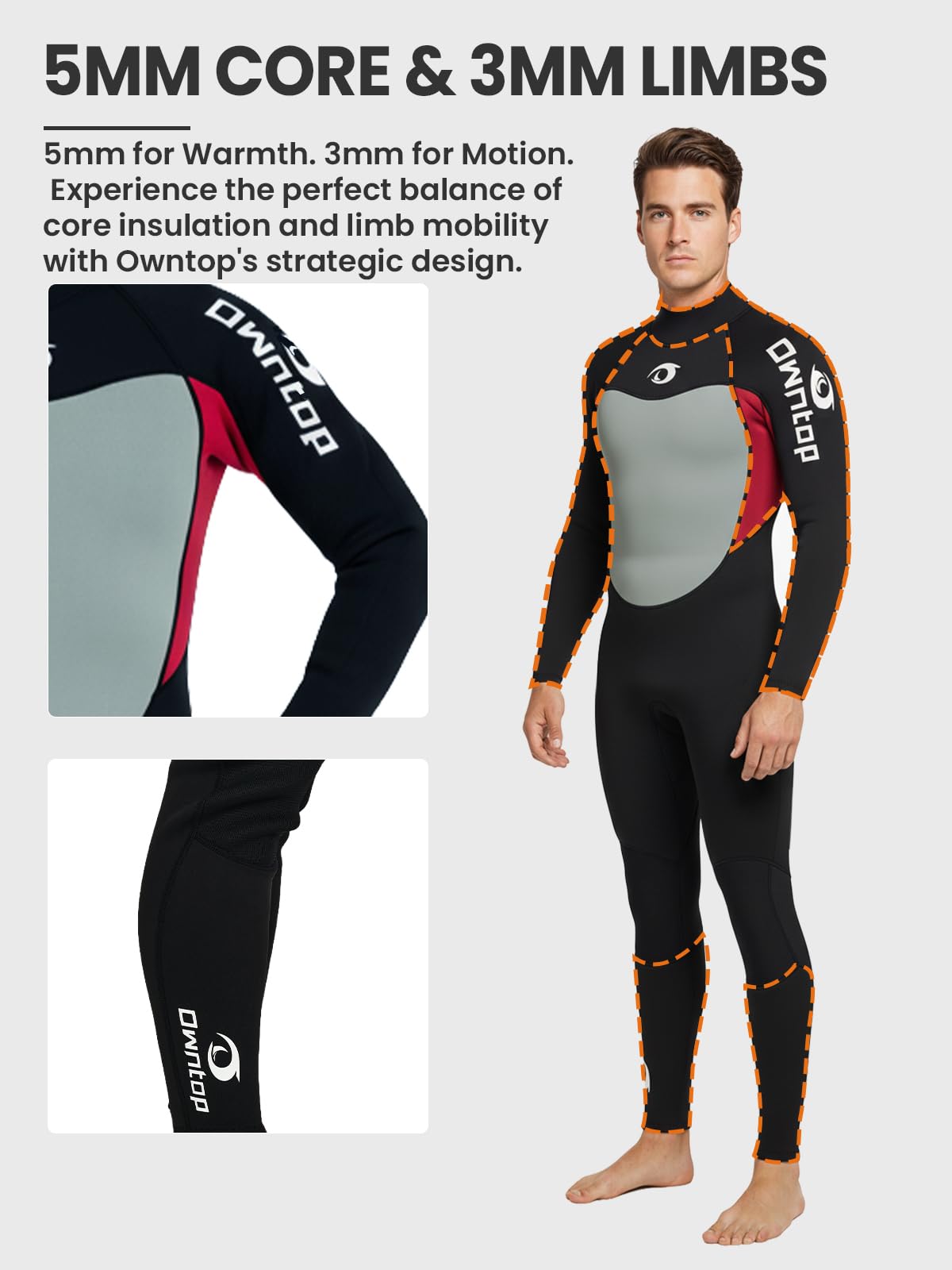 Owntop 5 mm Neoprenanzug für Herren | Winter-Neoprenanzüge in voller Länge | UV50+ Sonnenschutz | warmer Neoprenanzug | 5/3 mm Reißverschluss hinten