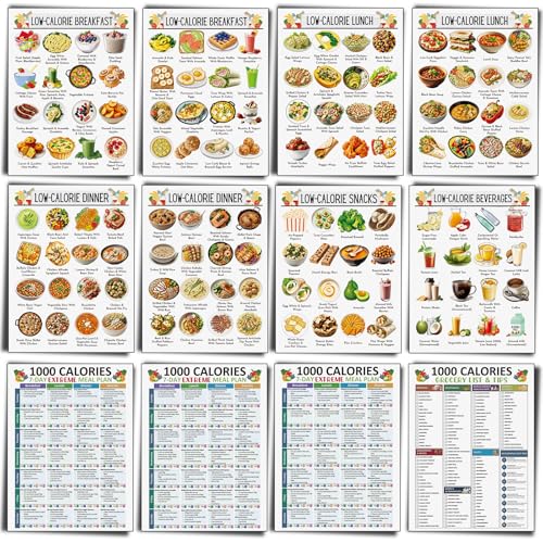 Image of Sinload 12 Pcs Low Calorie Meal Plan Poster Low Calorie Diet Chart Laminate Weight Loss Grocery List for Kitchen Classroom Fridge
