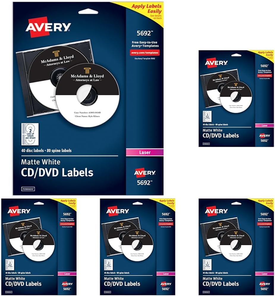 Avery Printable CD Labels, Matte White, Permanent Adhesive, Laser Printable, 40 Blank CD & 80 Blank Spine Stickers, Great for DVD, PC Discs, and More (5692) (Pack of 5)