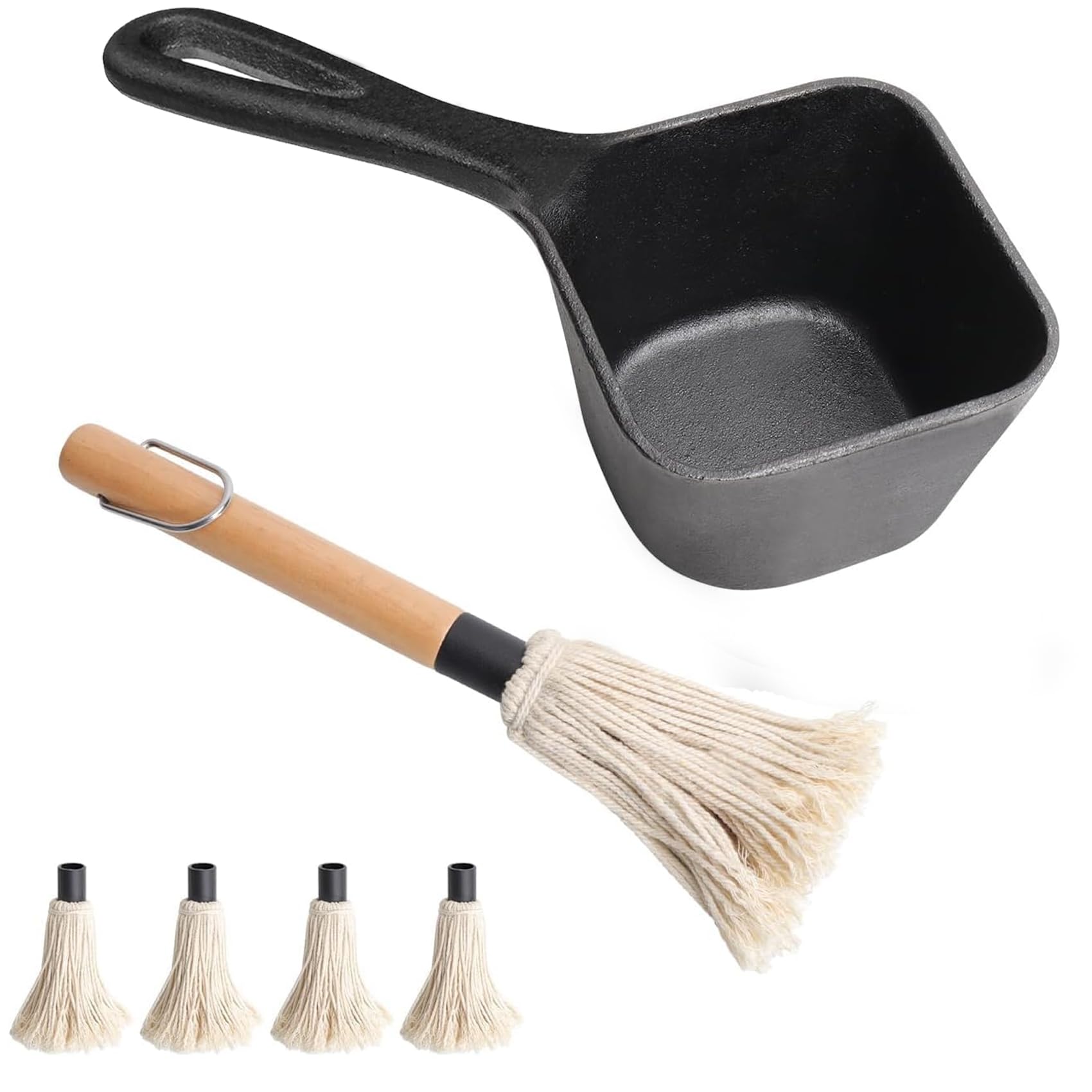 Cast Iron Sauce Pot &amp; Mop Brush Set-4Pcs Heads BBQ Basting Kit for Grilling