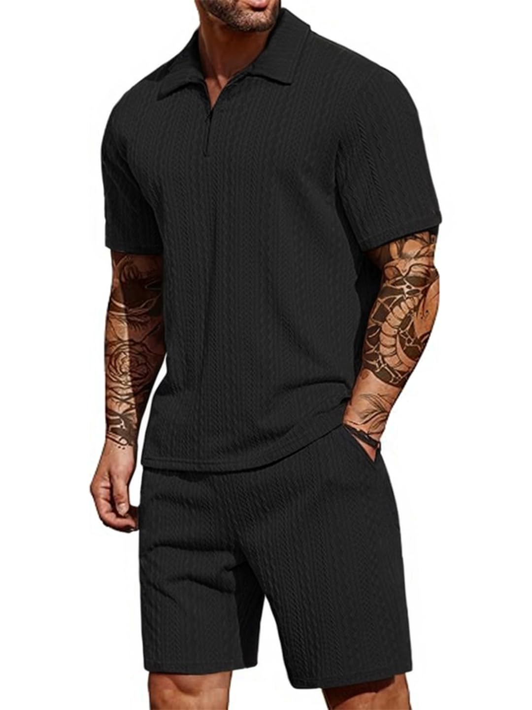 tysort Men's 2 Pieces Outfits Casual Quarter Zip Polo Shirt and Shorts Set Athletic Jogging Summer Knitted Tracksuit,Cord Set for Men-picture-33