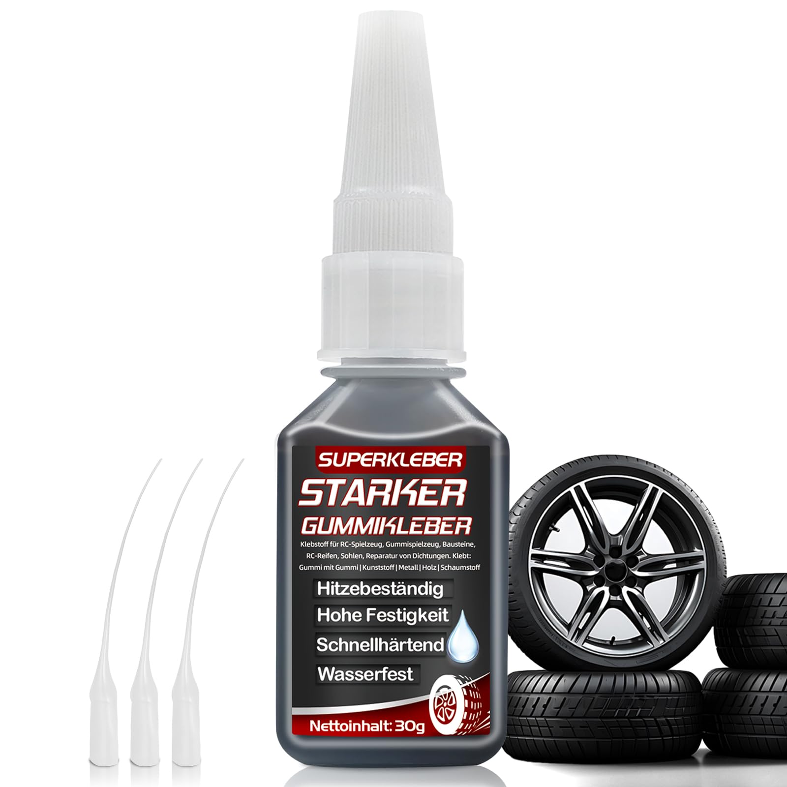 Gummikleber Extra Stark Wasserfest 30g, Schwarzer Gummi Kleber mit Starker Bindung für Gummiprodukte, Reifen, Schuhe, Gürtel, Schläuche und Bastelarbeiten, mit 3 Anti-Trocknungsspitzen