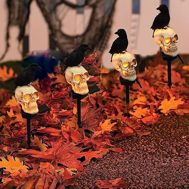 Halloween Solar Pathway Lights - Solar Halloween Skull Stake Lights Decorations Outdoor - 2PCS Waterproof Resin Skeleton Crows Decor for Outside Yard Garden Lawn