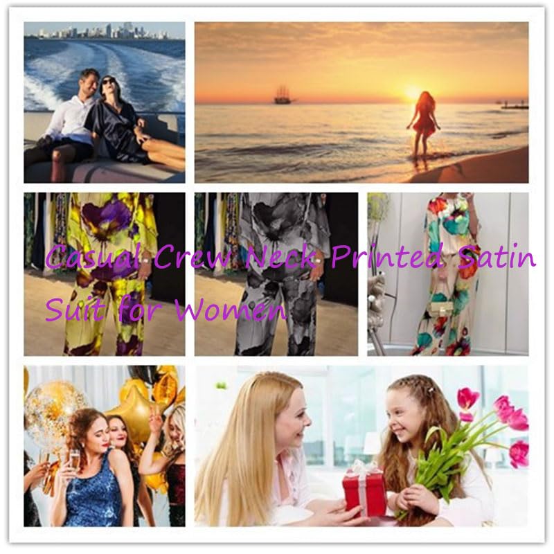 Casual Crew Neck Printed Satin Suit for Women,One-Shoulder Neck Loose Bat Sleeve Top Wide-Leg Trousers Pants Sets2