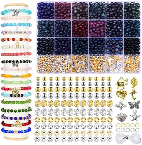 1280pcs 6mm Black Glass Beads for Bracelets, Bracelet Making Kit 24 Style Crystal Beads for Jewelry Making Round Beads DIY Crafts with Spacer Beads Charms Accessories