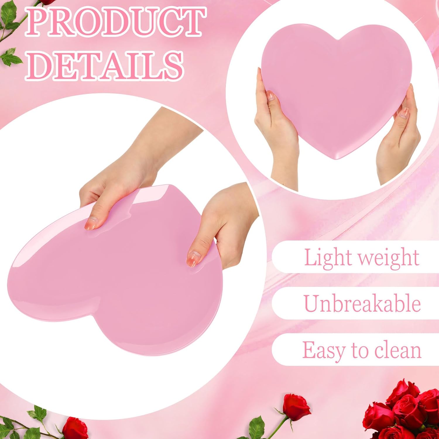 FillTouch 4 Pcs 9.5 Inch Heart Shaped Melamine Plates Dinner Plates Heart Dinnerware Dishes for Valentines, Birthdays, Bridal Showers, Baby Showers (Pink)