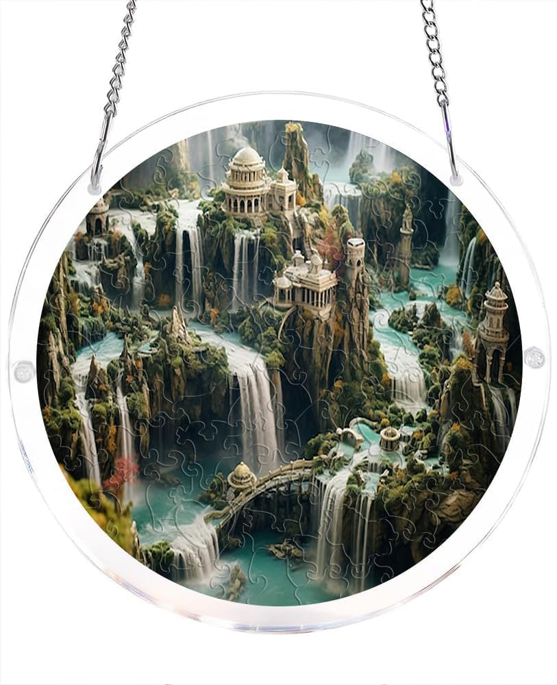Fantasy Waterfall Castle Landscape Acrylic Jigsaw Puzzles Suncatcher, 8.2 Inch Window Hanging Suncatcher Acrylic Puzzle, DIY Home Decor Art Gift