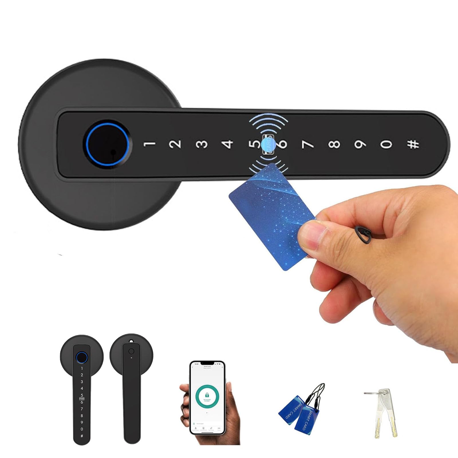 Cerradura de puerta con huella dactilar - Acceso 5 en 1: aplicación, tarjeta IC, contraseña, llave | Funciona con pilas, se adapta a puertas izquierdas/derecha (35-55 mm de grosor) | Mango electrónico