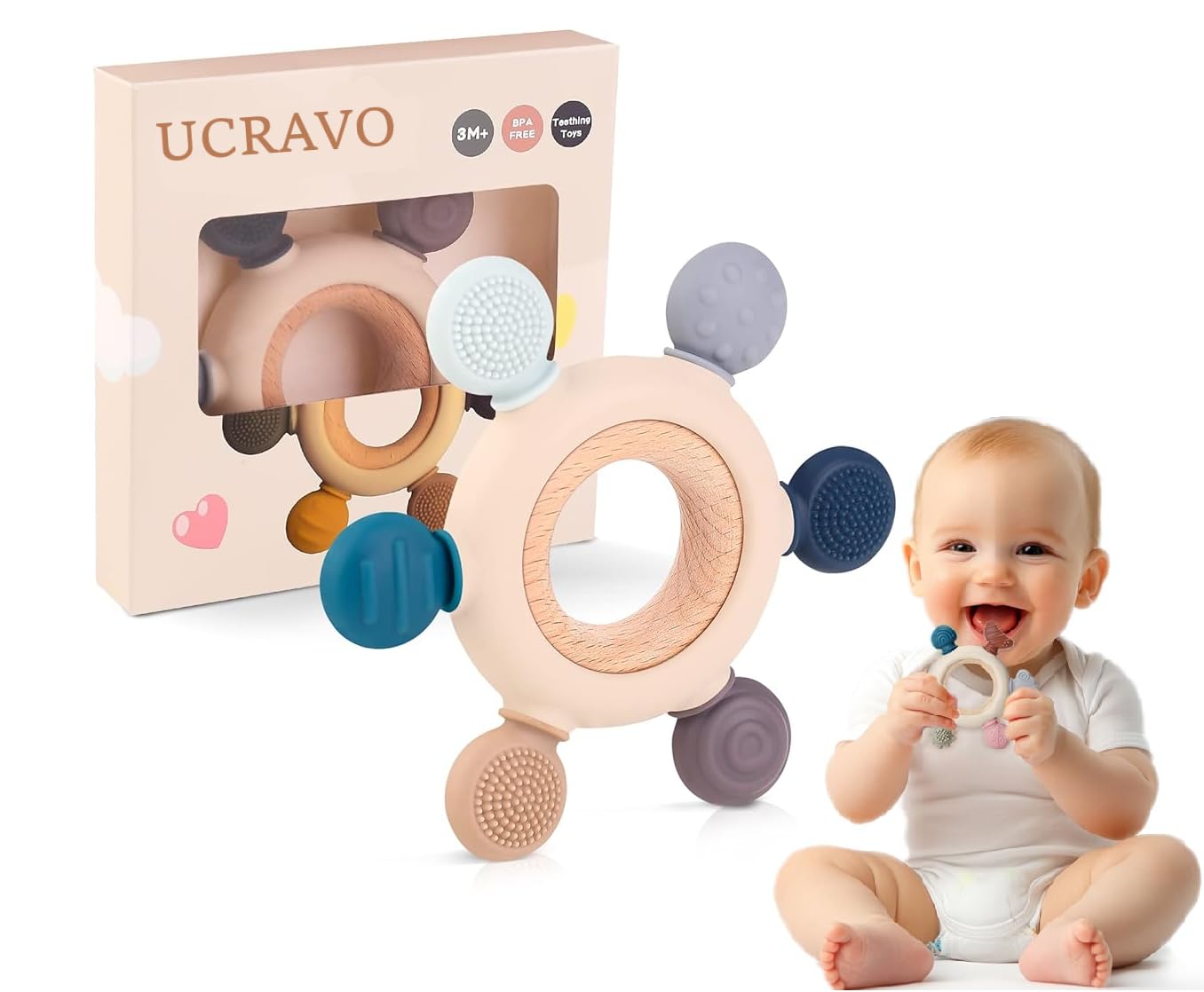 UCRAVO Baby Teething Toys Silicone Teethers BPA Free Silicone Rudder with Wooden Ring Soothe Babies, Infant Teething Relief, Wooden Baby Toys, Easy to Grasp Toy for Baby Toys, Baby Teething Ring-image-29