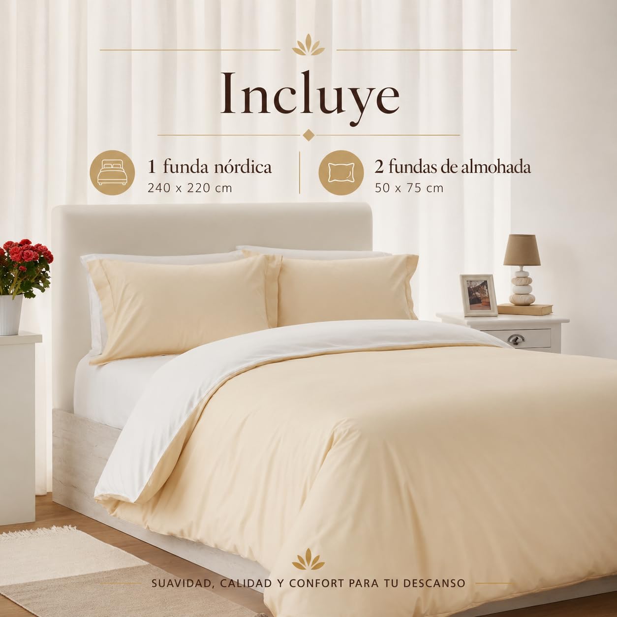 Jomy Funda nórdica - 3 Piezas - Algodón Egipcio De 300 Hilos Beige/Blanco Cama 150 x 190/200. 1 Funda Nordica 240X220 2 Fundas de Almohada 50x75 Cierre con Cremallera. Funda Nórdica Algodon Suave.