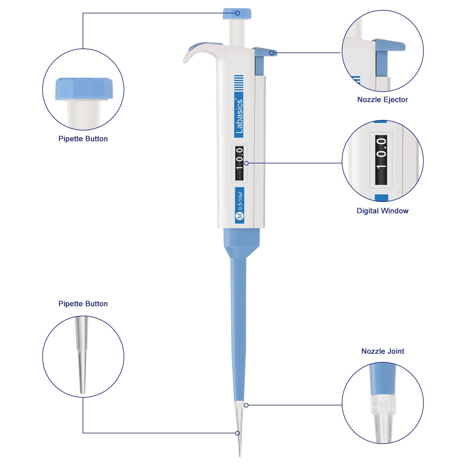 Labasics Einkanal-Pipettierhilfe, Einstellbares Variables Volumen Mikropipette Labor Pipette mit AustauschbarSpitzenkonus, Single Channel Pipettor Controller für die Laborforschung, 0. - 10 µL