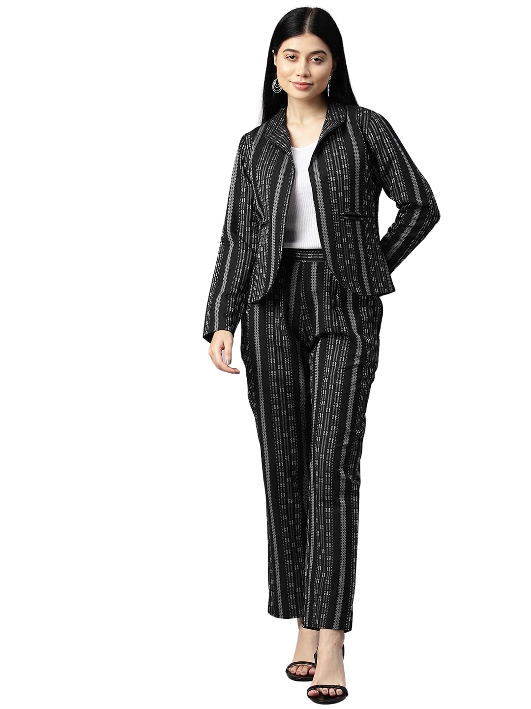 cottinfab Women Self Designed Striped Black & White Coat with Trousers Co-ord Sets-picture-25