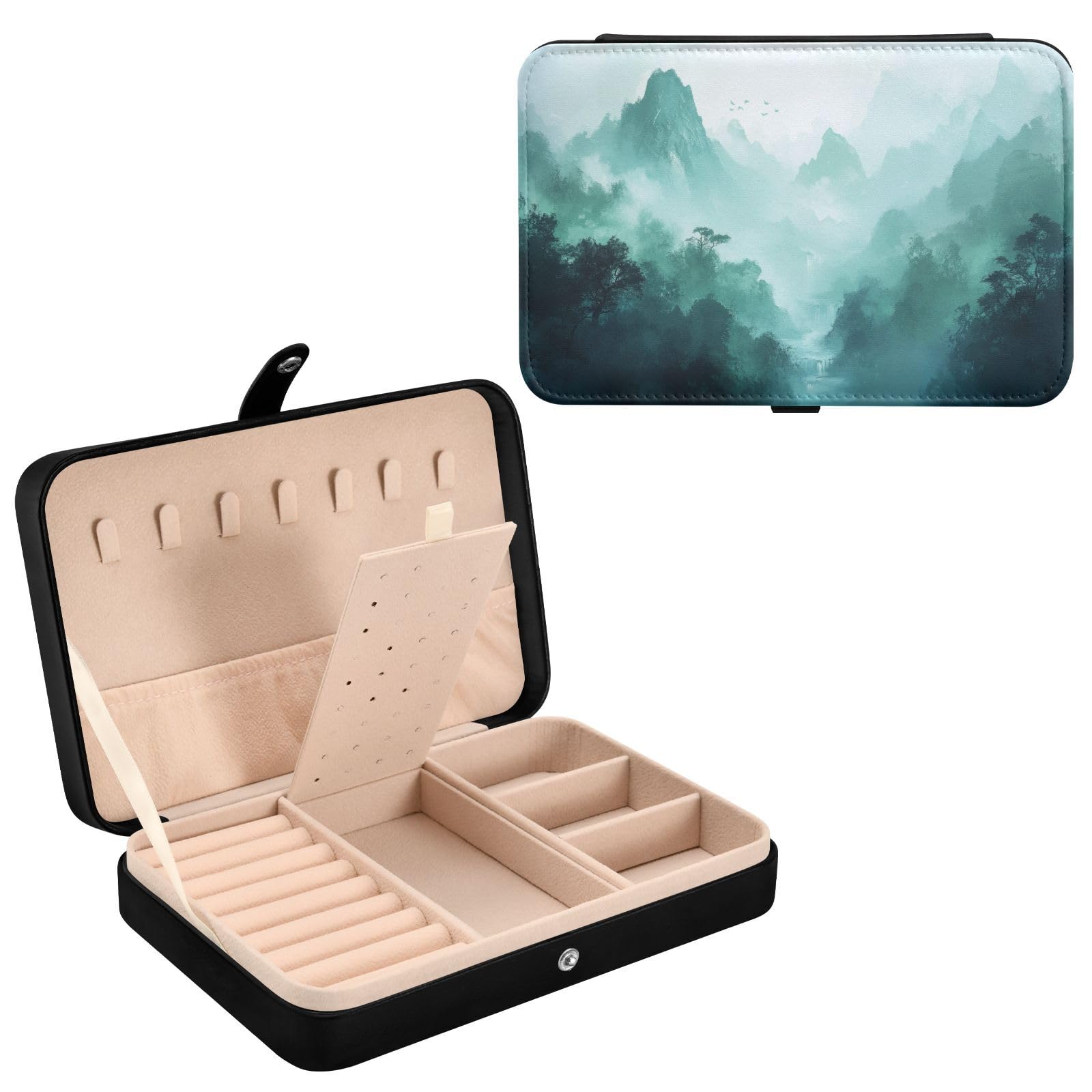 Haskirky Smoky Green Mountains Jewelry Box Portable PU Leather Travel Jewelry Organize for Women Jewelry Storage Display Holder for Ring, Necklace, Earring
