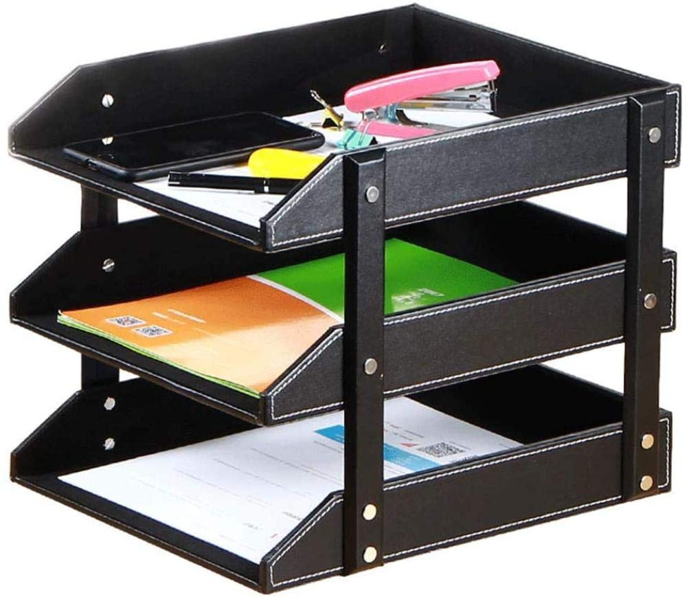 Organizador apilable de 3 niveles con acabado de piel sintética de madera en marrón y negro