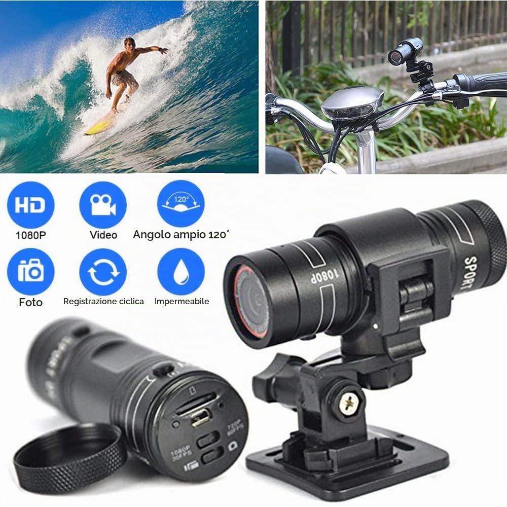 TKMARS Action Cam,Videocamera Casco Moto Mini Fotocamera Bici,1080p Full HD 120° Loop grandangolare Impermeabile Action Cam Registrazione Video e Scatto Fotografico per Sci, Equitazione, ecc