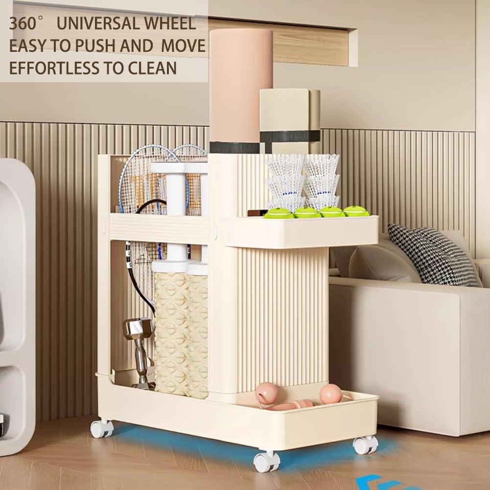 Carro de almacenamiento para gimnasio en casa con ruedas, soporte multifuncional para esterillas de yoga y organizador de equipos de entrenamiento para gimnasio en casa.