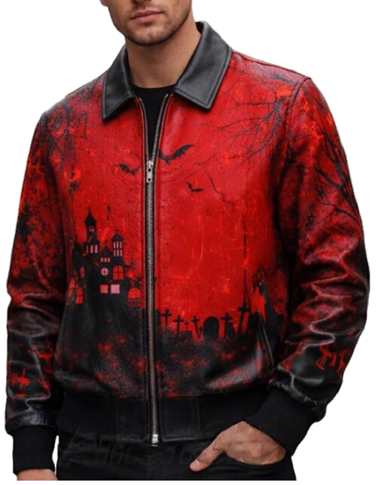 Chaqueta bomber de cuero para hombre, disfraz de cosplay con estampado gótico rojo y negro de casa encantada