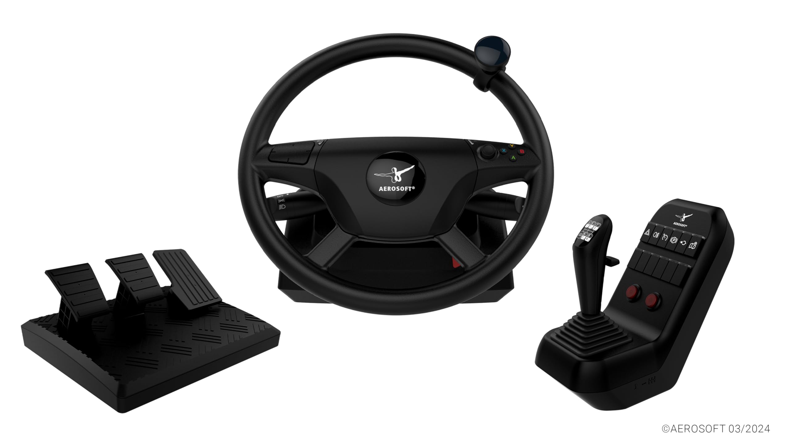 Aerosoft Truck & Bus Wheel System – Volante profesional con Force Feedback para simuladores de camiones y autobuses en PC con pedalera de 3 pedales y palanca de cambios realista