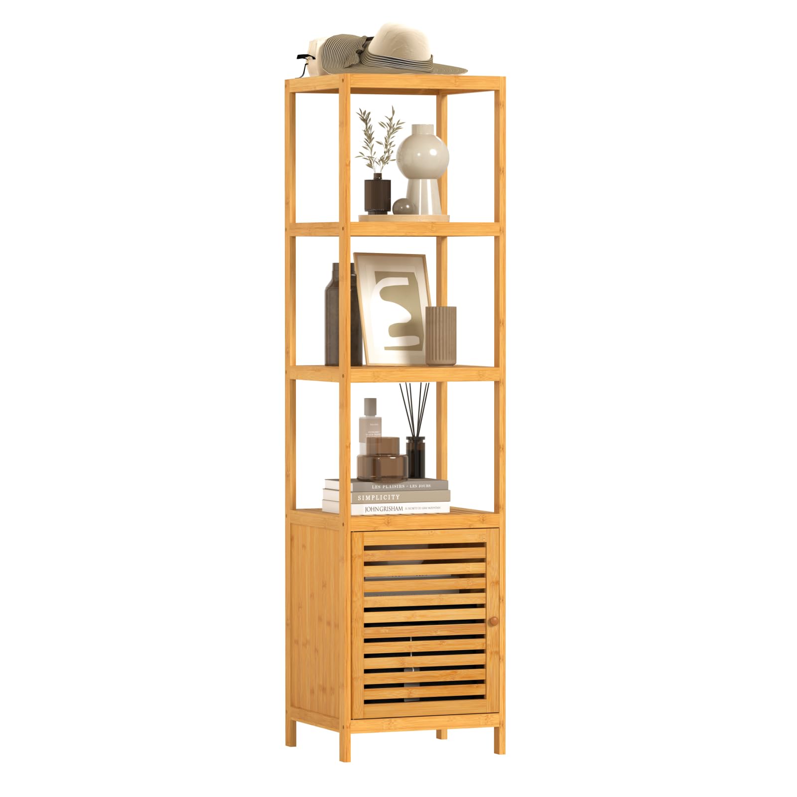 WOLTU Meuble Salle de Bain Bambou, Étagère Colonne pour Salle de Bain | avec 4 Tablettes Ouvertes, 1 Placard avec Porte à Lamelles, 36x33x140cm