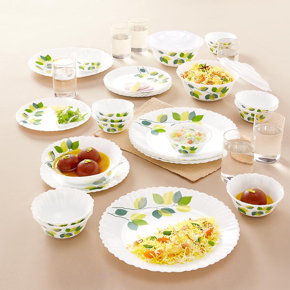 Larah By Borosil Green Leaves Silk Series Opalware Dinner Set with Glasses 35 Pcs for Family of 6, Microwave & Dishwasher Safe, Bone-Ash Free, Crockery Set for Dining & Gifting, Plates & Bowls, White (B0C53R68PD) Amazon Price History, Amazon Price Tracker
