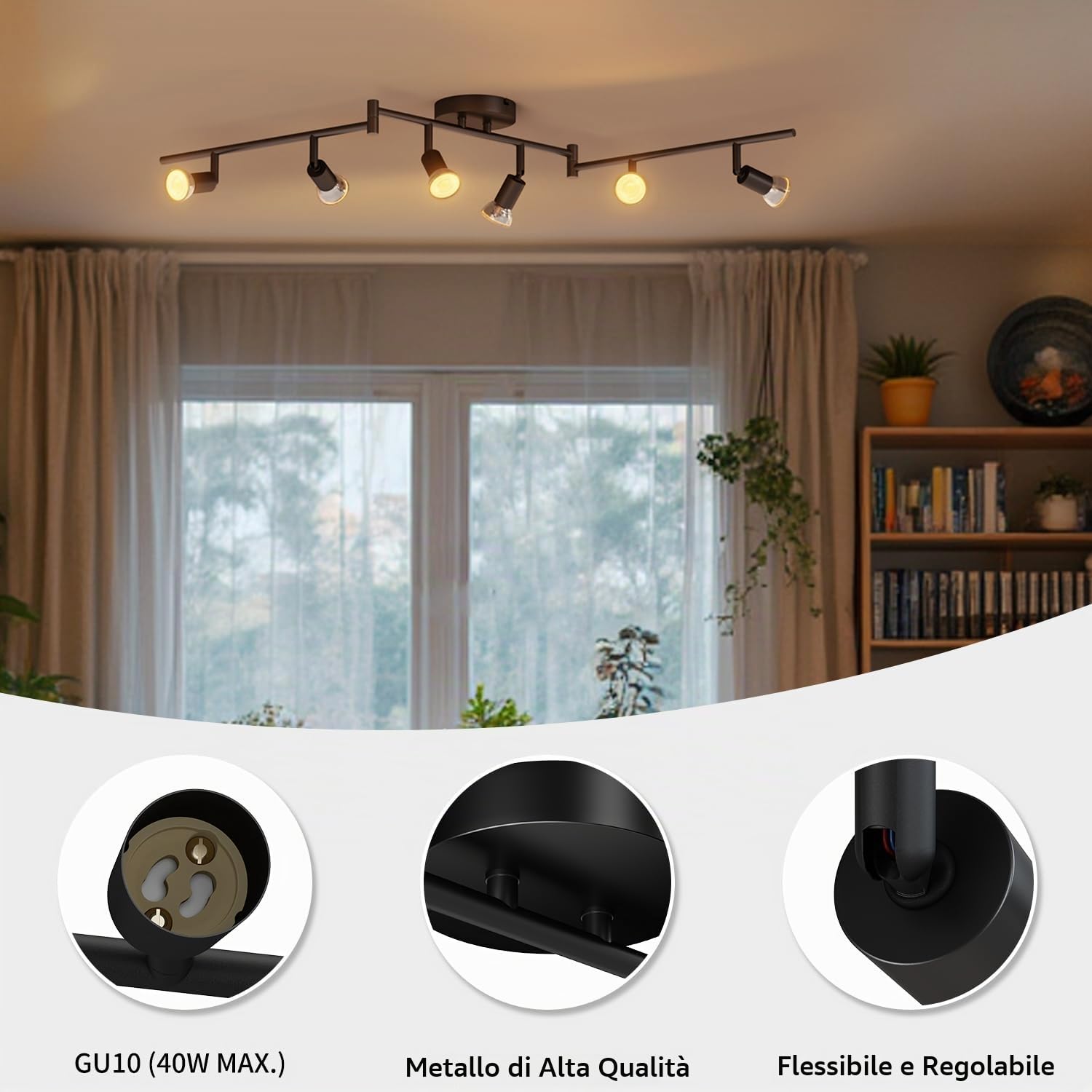 LVWIT Faretti LED da Soffitto Orientabili con 6 Luci GU10, Faretto da Interno Nero Moderna, Faretti Soffitto per Barra, Salotto,Cameretta, Cucina (Senza Lampadina)