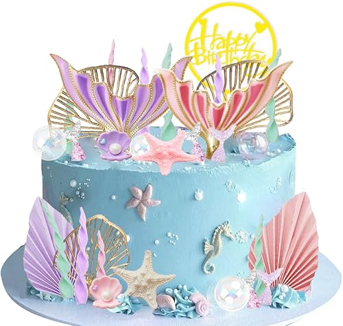 Miniatura 3 de Decoración para pastel de sirena, cola de sirena grande, conchas y hojas de ginkgo doradas, juego de pastel para decoración de pastel de sirena bajo