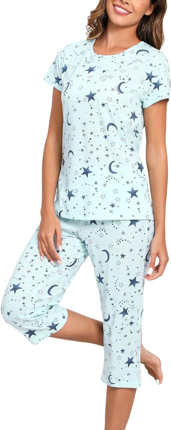 Inadays Womens Cotton Pajama Sets Short Sleeve Top With Capri Pants 2 piece sets for Women Summer Pajamas Lounge Set - Image 5