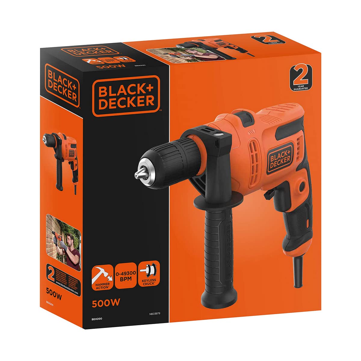 BLACK+DECKER Marteau perforateur électrique 500W, puissant 0-32,300 BPM pour la maçonnerie et le béton, design compact avec poignée latérale, BEH200-QS