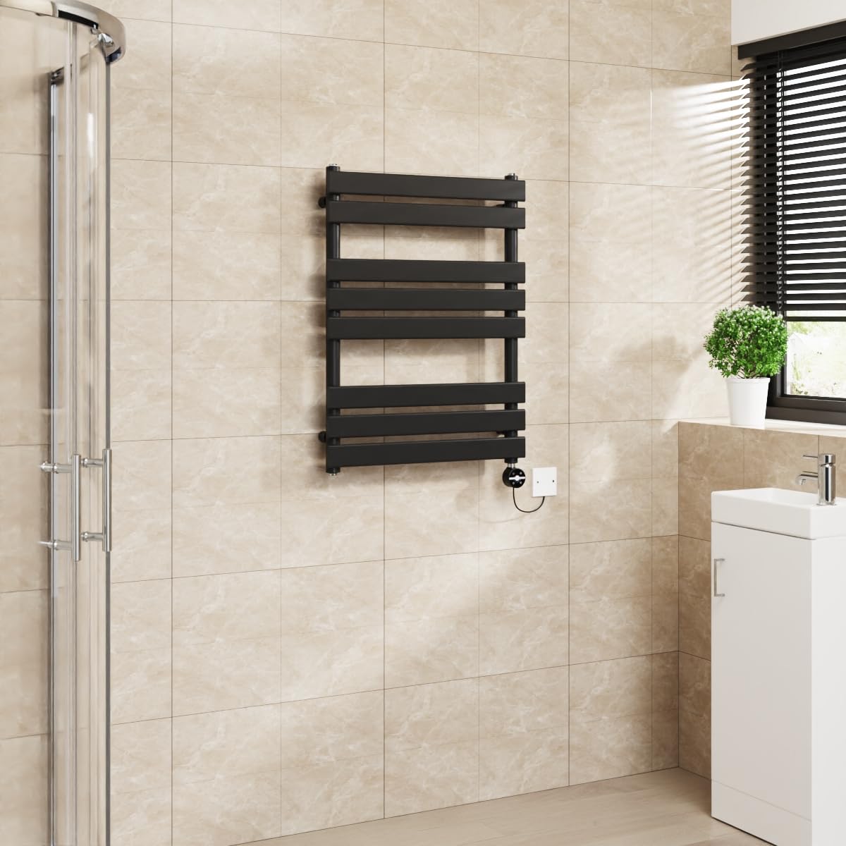 Warmehaus Black Flat Panel Electric Heated Towel Rail Touch Screen Timer Bathroom Radiator Prefilled 800X600mm 400W