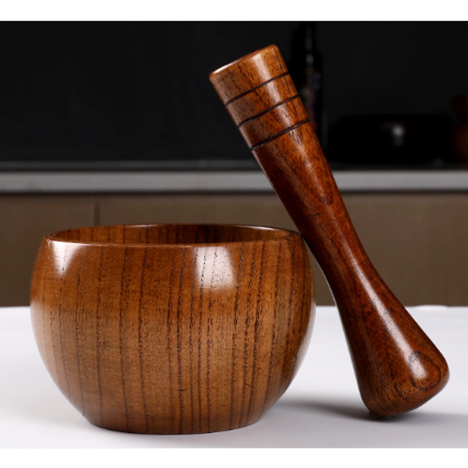 Mortero y maja pulidos pequeños, Juego de mortero y maja de madera, tazón triturador redondo de madera de aspecto brillante for guacamole, salsa, triturador de hierbas y pastillas, herramientas de coc