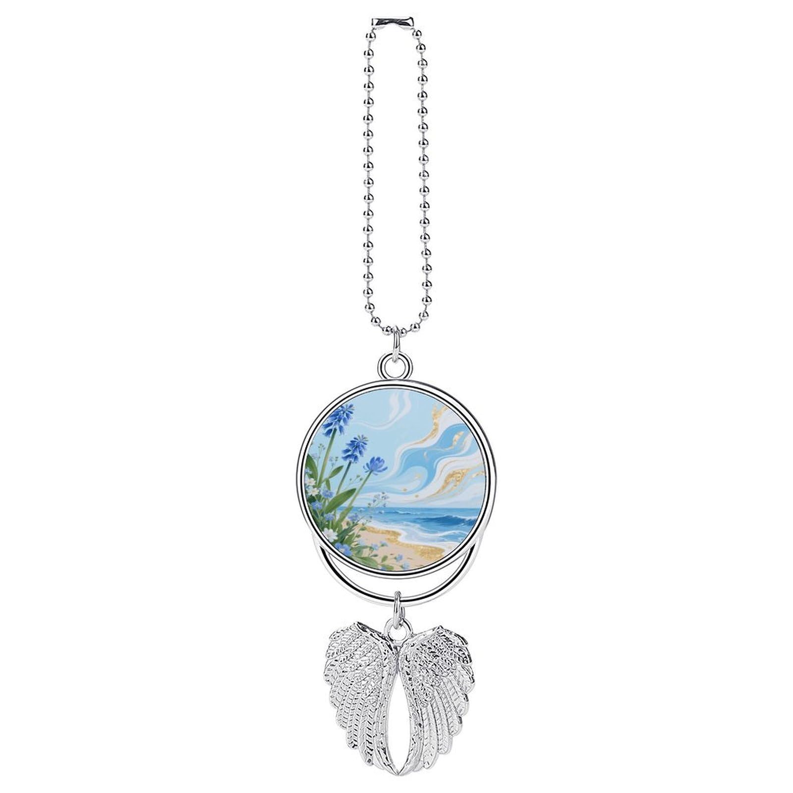 Hawaii Floral Blue Car Pendant Car Rearview Mirror Pendant Custom Photo Car Hanging Ornament Car Rear View Mirror Hanging Accessories Angel Wing Car Charm Gift for Men Women