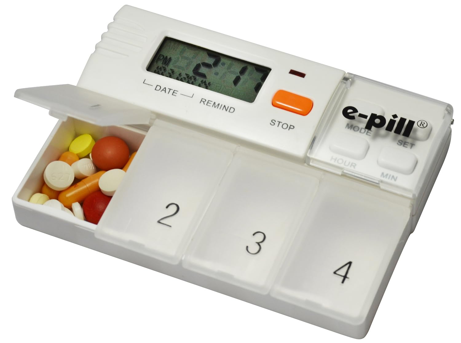 medglider 7 Día X 4 gran capacidad pastillero con Med timer. e-pill semanal pastillero organizador centro para medicamentos, suplementos, y vitamins. e-pill 4 Alarma Temporizador incluido.