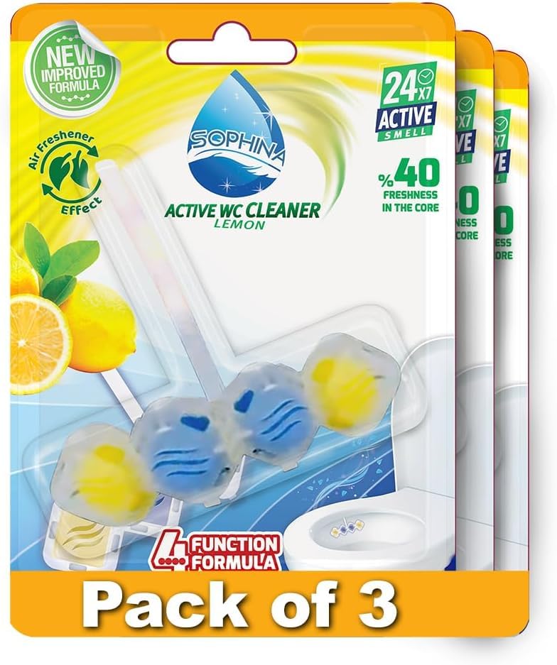 SOPHINA Toilet Cleaner Rim Block - Zesty Lemon Scent (150G - Pack of 3 x 50G) - Air Freshener Effect, Cleaning Foam, Dirt Removal, and Anti-Limescale Protection (Promo Pack) - Made in Turkey