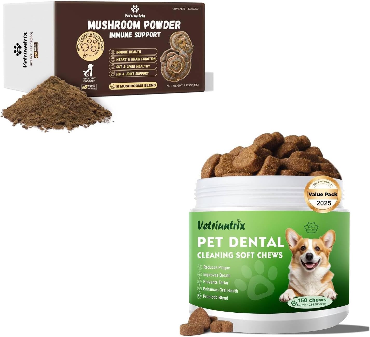 36g Turkey Tail Mushroom for Dogs and 150PCS Dog Teeth Cleaning Chews