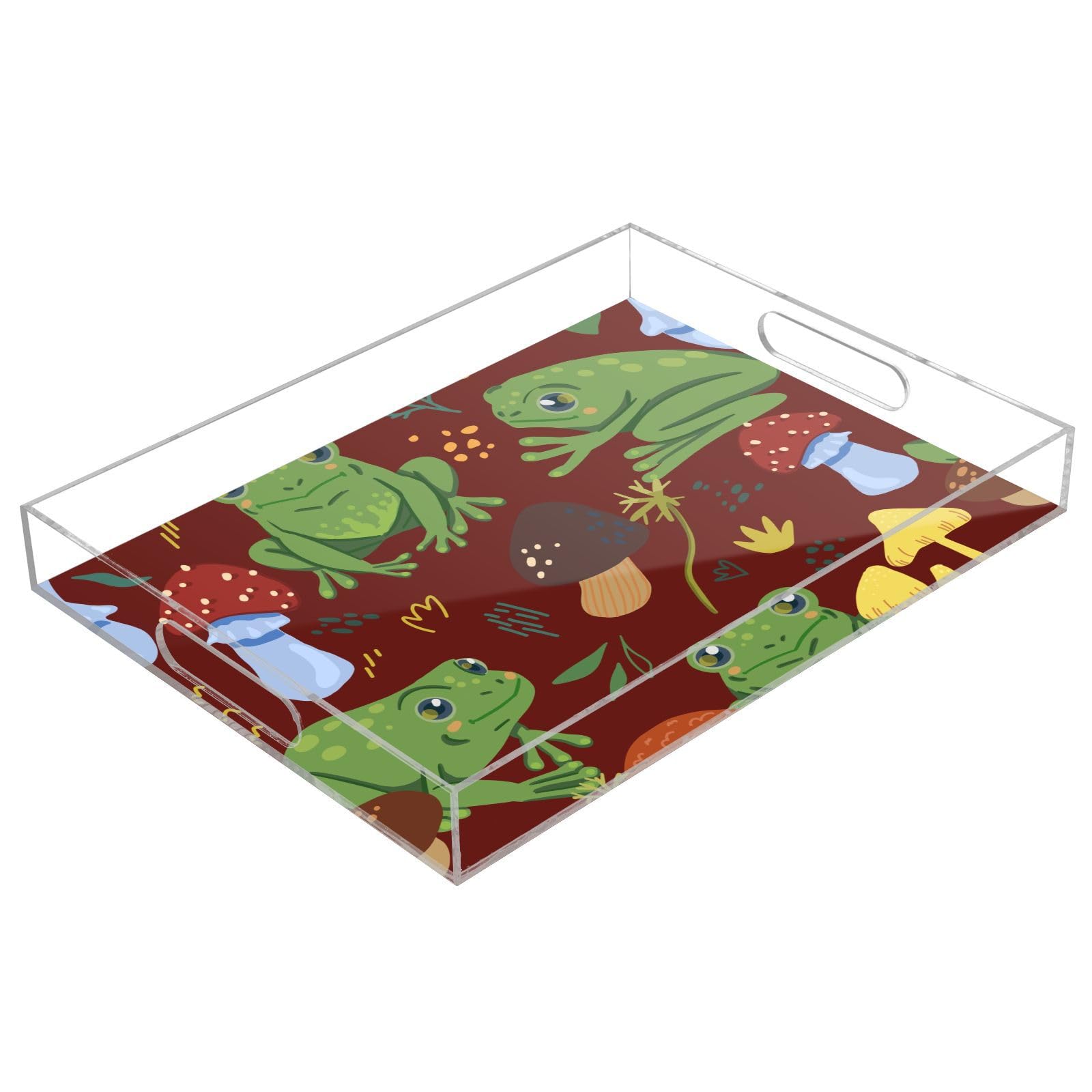 Bandeja transparente de acrílico con bonitas ranas y hongos personalizados, bandeja transparente con asas, bandejas transparentes de 12 x 16 pulgadas, bandejas transparentes para servir alimentos a