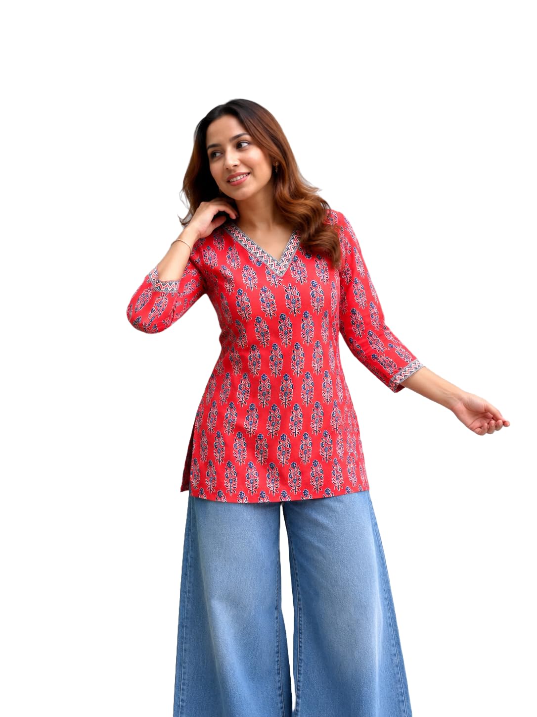 Adarsh Export Women's Floral Printed Straight Kurti | Casual Ethnic Tunic Top | V-Neck 3/4 Sleeves | Regular Fit Stylish Kurta, Office, College & Festive Occasion-picture-41