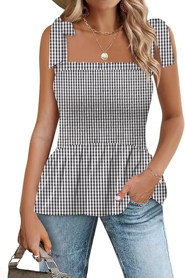 Micoson Ruffle Tank Tops for Women Summer Square Neck Sleeveless Tops Tie Shoulder Chiffon Blouse Babydoll Shirts