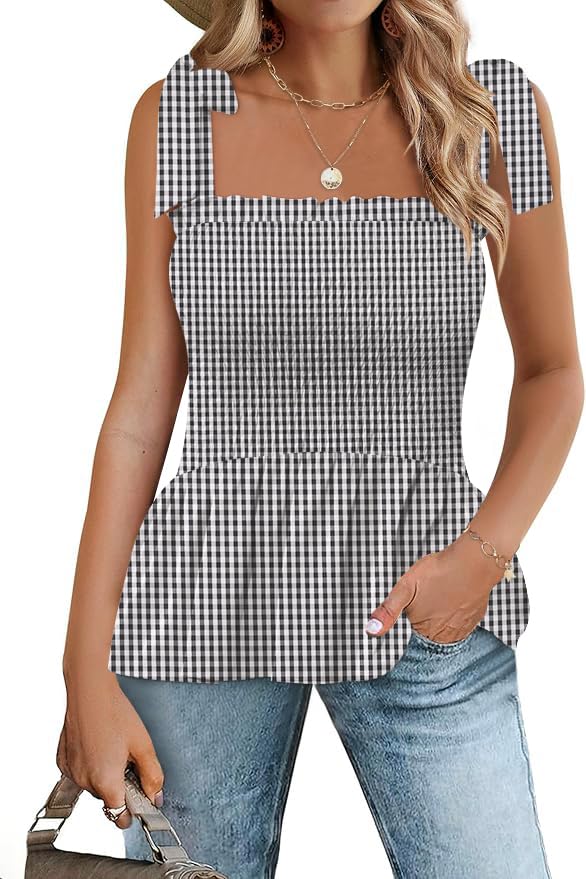Micoson Ruffle Tank Tops for Women Summer Square Neck Sleeveless Tops Tie Shoulder Chiffon Blouse Babydoll Shirts