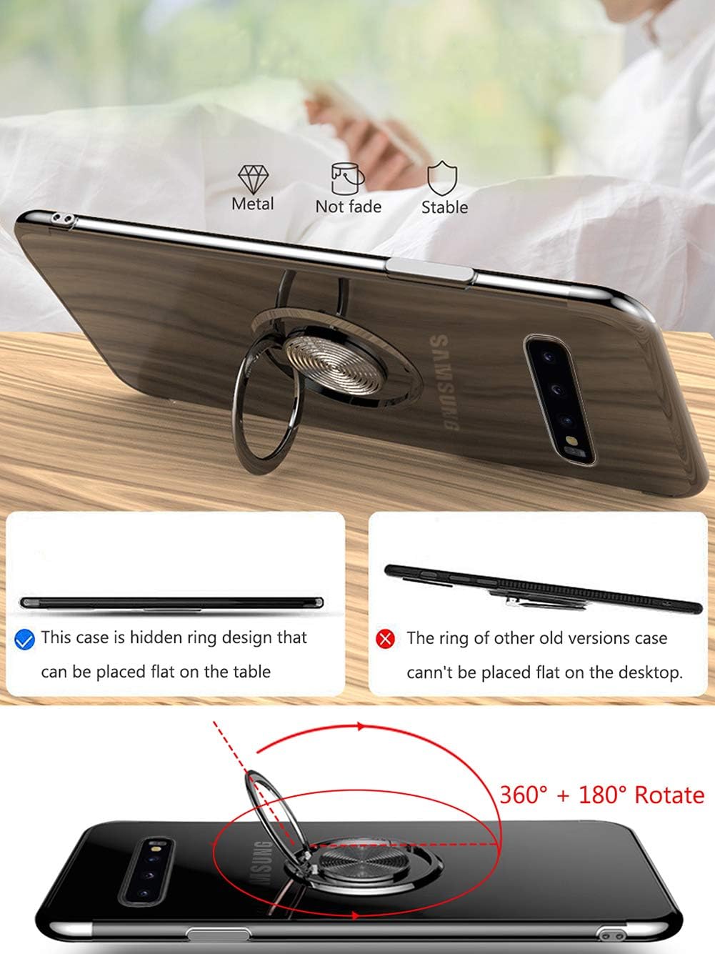 Ownest Compatible with Samsung Galaxy S10 Plus Case (6.4 inch) with Built-in 360 Rotatable Ring Kickstand Fit Magnetic Car Mount and Clear Soft Slim TPU Protective for Samsung Galaxy S10+-Red