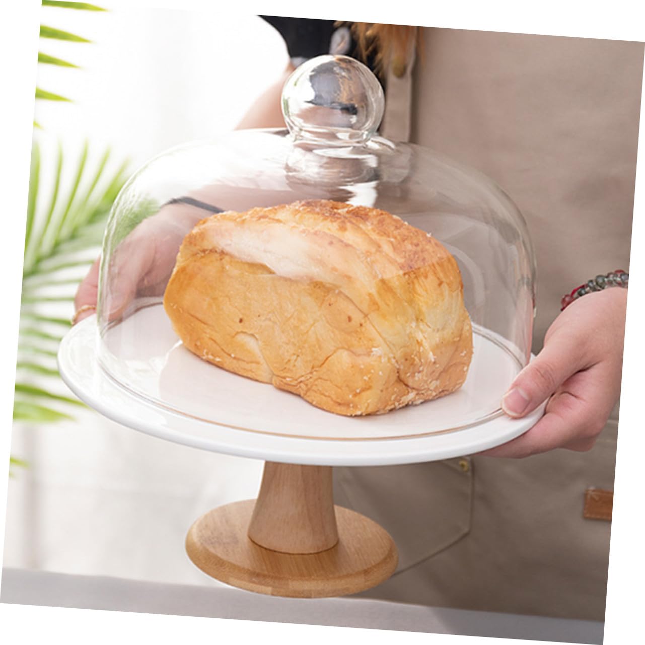 Toyvian Kuchenständer mit Glasdeckel Leicht und Praktisch Keramik und Holzmaterial für Desserts und Weinverkostungen Kuchenteller Abdeckset