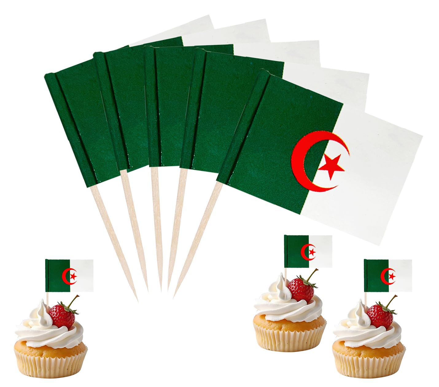 JBSJBS Algeria Flag Algeria Cupcake Topper Flags Banner Mini Small Algerian Toothpick Stick Flags Cake Party Festival Theme Decorations(100Pcs) — image 1
