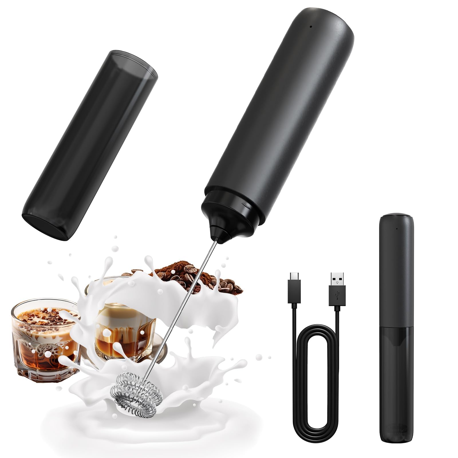 CIRCLE JOY Rechargeable Milk Frother Hanheld, Dual Spring Whisk Electric Coffee Frother, Portable Hand Frother Wand Drink Mixer for Matcha Lattes Cappuccino, Kitchen Gifts, Black