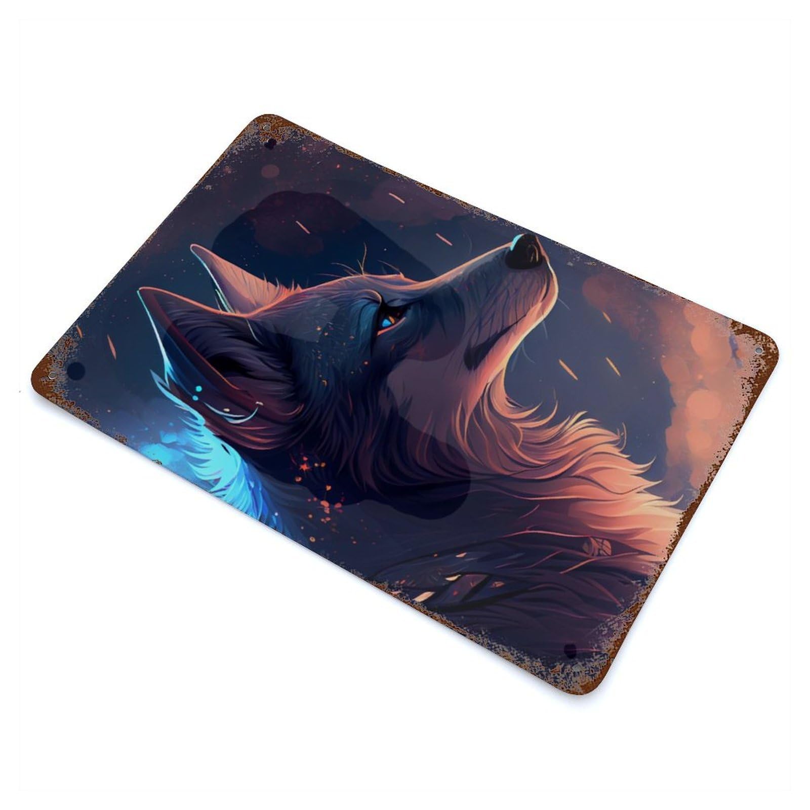 Wolf Animal Fantasy 11.8"x7.9" Aged Metal Wall Plaque, Classic Wall Plaque for Basement, Hobby Room And Garage Decor