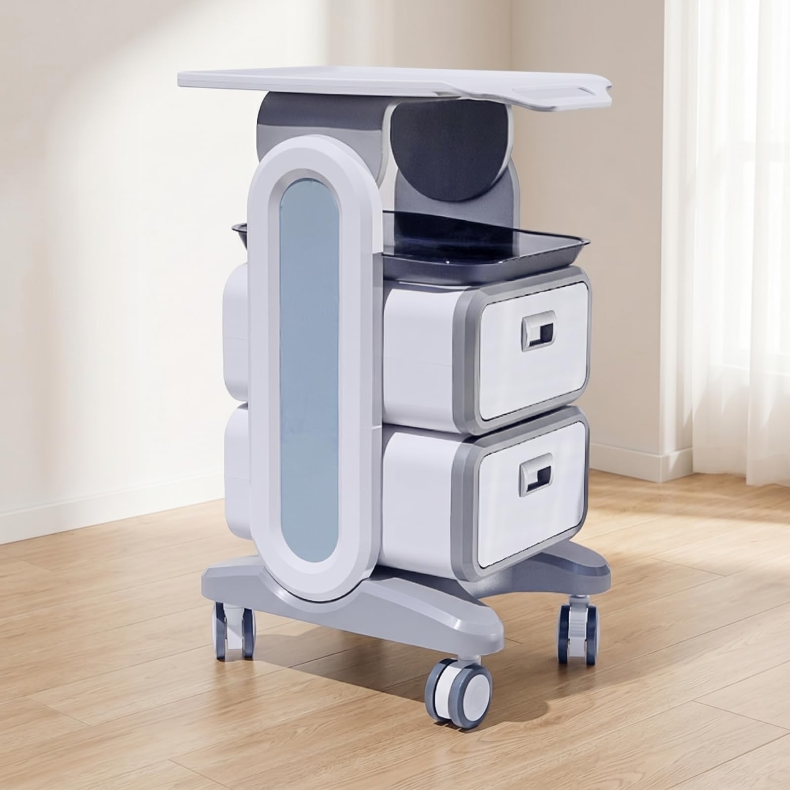 Amagogo Carro de Peluquería Profesional Mueble de Salón con Bandeja Compartimento Abierto y Dos Cajones Extraíbles en Plástico con Ruedas Adecuado para SPA Barbería Centro de Estética